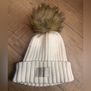 Calvin Klein Ivory Ribbed Beanie with Faux Fur Pom